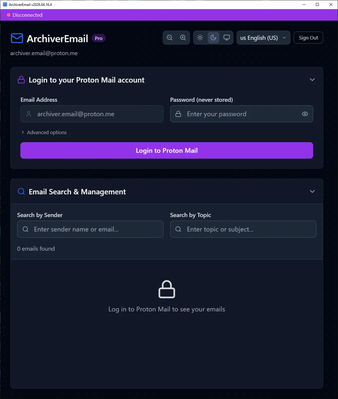 ProtonMail login form in archiver.email with "password never stored" label for privacy