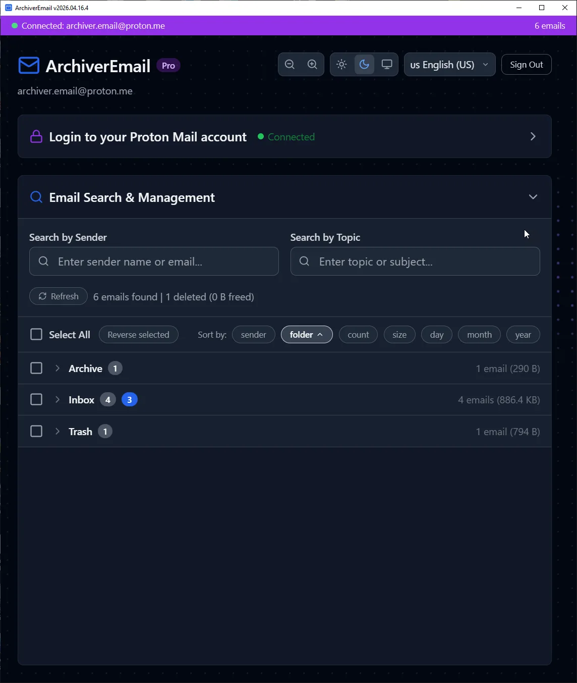 ProtonMail inbox in archiver.email desktop app showing Archive, Inbox, and Trash folders with email counts and storage sizes