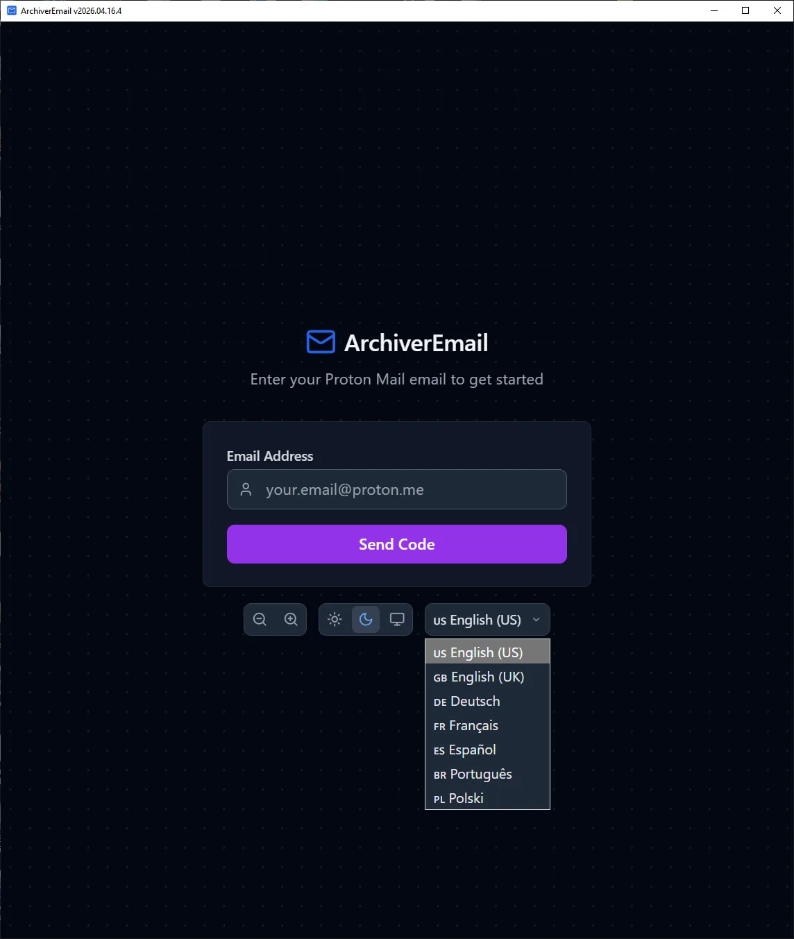 archiver.email ProtonMail desktop app login screen with language picker (English, Deutsch, Français, Español, Português, Polski)